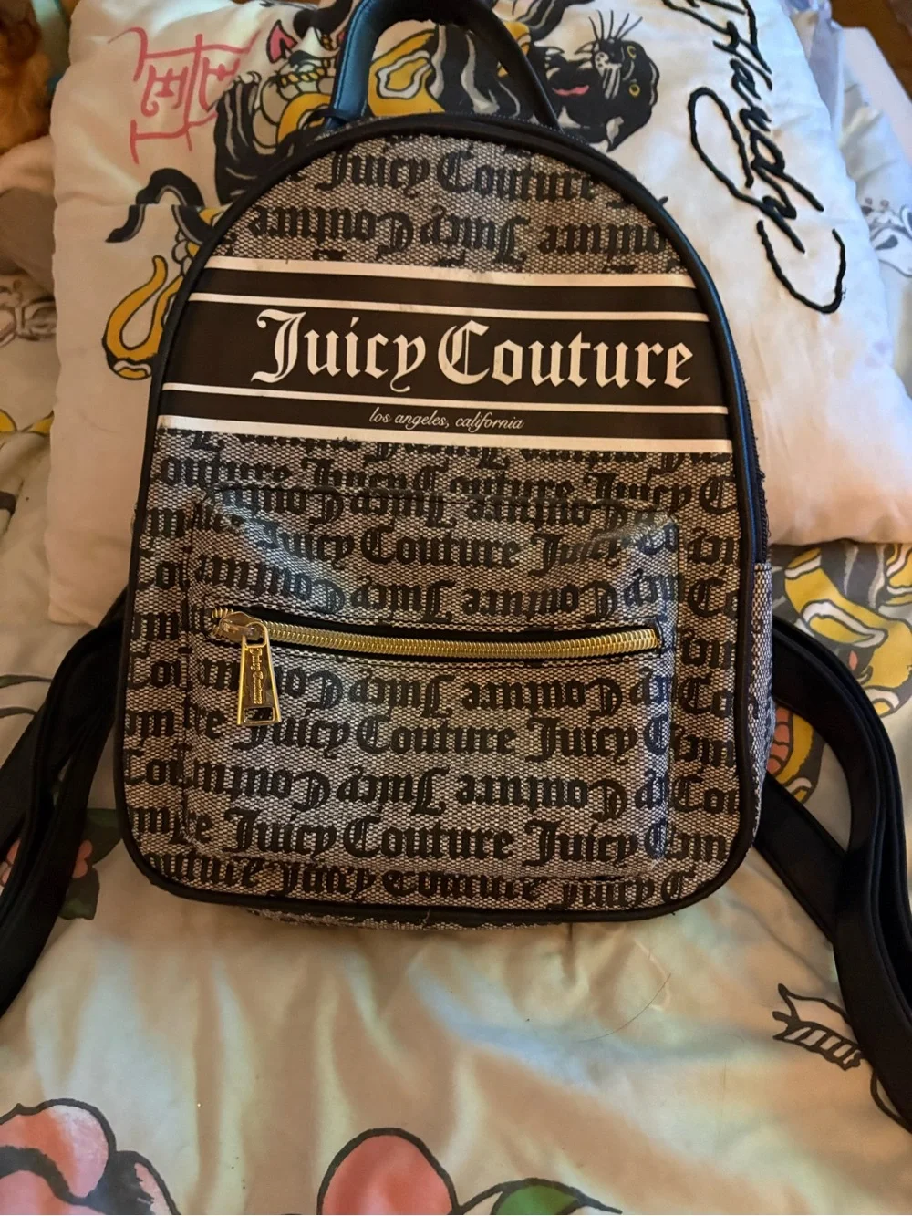 Juicy Couture Black Logo Script Mini Backpack with Gold Hardware